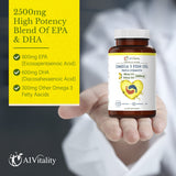 Omega 3 Triple Strength EPA DHA Supplement - 2500mg Lemon Flavored Burpless Fish Oil - High Potency 900mg EPA 600mg DHA Supports Circulation, Brain, Heart, Eye, Skin, Bone & Joints - 120 Softgels