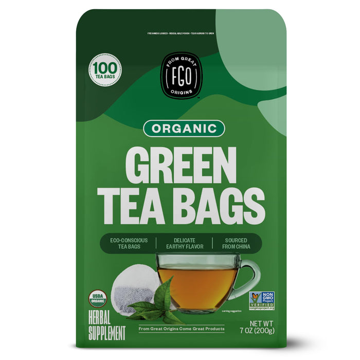 FGO Organic Green Tea, 100 Count Eco-Conscious Tea Bags, Caffeinated, Resealable Pouch, Packaging May Vary (Pack of 1)