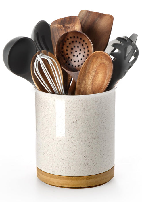 Nucookery 360°Rotating Utensil Holder, 7.2" Large Utensil Crock, Ceramic Cooking Utensil Organizer with Countertop-Protection Cork Bottom for Farmhouse Kitchen Decor Christmas Thanksgiving Gift (Sand)