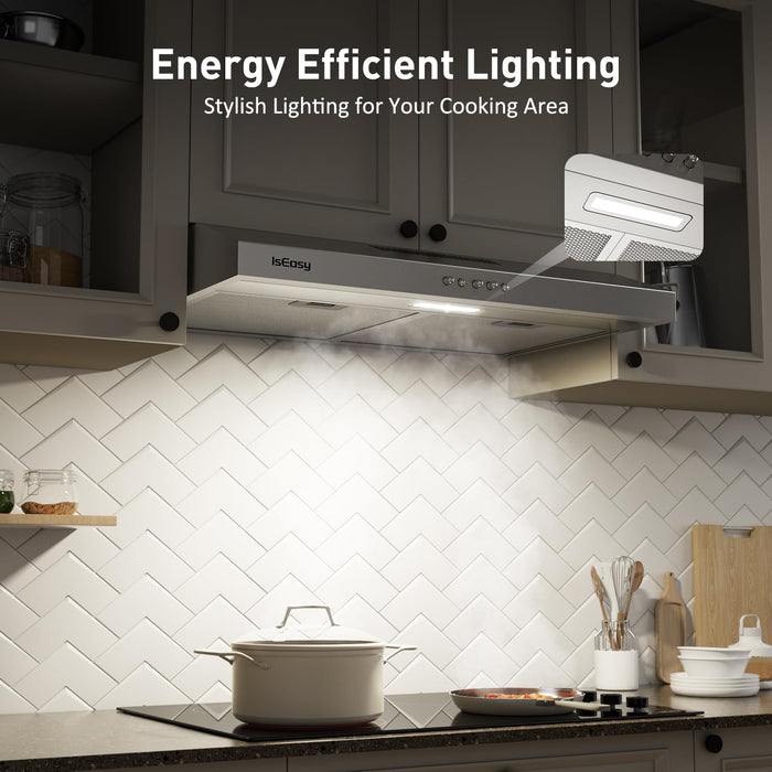 Range Hood 30 Inch, IsEasy Under Cabinet Range Hood, Ducted/Ductless Convertible, Kitchen Vent Hood 30 Inch with 3-Speed Exhaust Fan, Stainless Steel, LED Light and Reusable Charcoal Filter