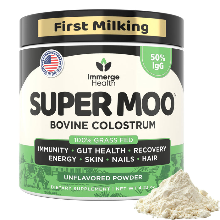 Super Moo Grass Fed Bovine Colostrum Powder | Gut Health, Muscle Recovery, Energy, Hair, Skin and Immune Supplement | 50% IgG Pure Bovine Colostrum for Humans | Superfood, Gluten Free, Unflavored.