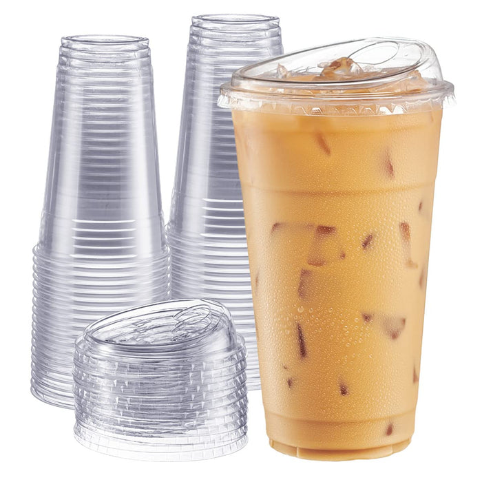 Comfy Package [24 oz. - 100 Count Crystal Clear Plastic Cups With Strawless Sip-Lids, Disposable Iced Coffee Cups with Lids - Ideal for Cold Beverages, and To-Go Drinks