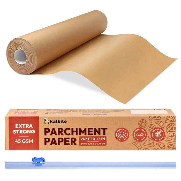 Unbleached Parchment Paper Roll for Baking 12in x 262ft, 260 Sq.Ft, Heavy Duty & Non-stick Baking Paper with Slide Cutter, Brown Parchment Paper for Cooking, Air Fryer, Steaming, Bread