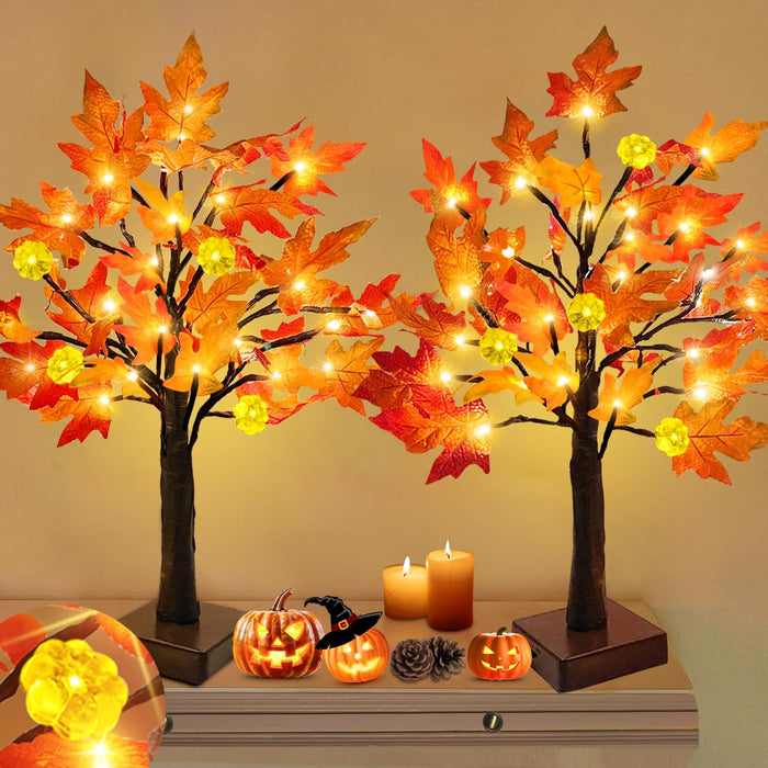 TURNMEON Fall Decor 2 Pack 24 Inch Prelit Fall Maple Tree 48 LEDs Timer