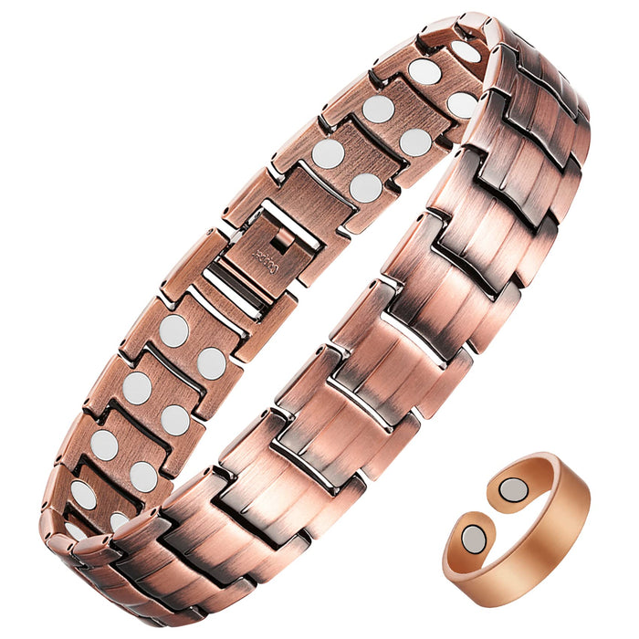 Feraco Men's Copper Magnetic Bracelet Elegant 99.99% Solid Copper Bracelets with Double-Row Strong Magnets, Magnetic Field Therapy Jewelry (Copper with Ring)