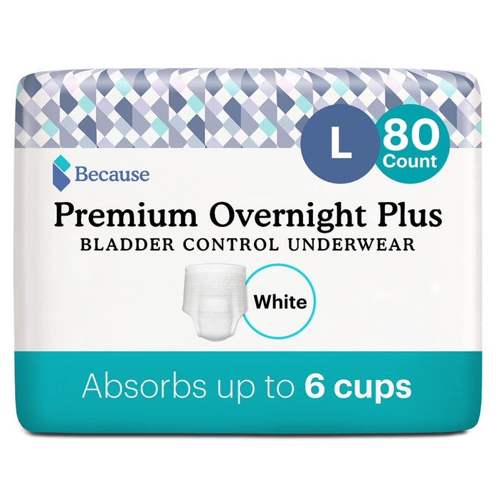 Because Overnight Absorbency Pull Ups - Adult Disposable Incontinence Underwear, Extra Absorbent Nighttime Briefs for Men and Women, White, Large, 80 Count (4 Packs of 20)