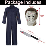 Adults Horror Killer Costume with Blood Mask Knife Scary Halloween Coverall Jumpsuit for Horror Props Cosplay RA002M