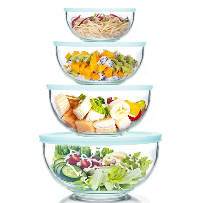 WhiteRhino 8 Piece Glass Bowls with Lids, Heat Resistant Glass Mixing Bowls Set (3.7QT, 2.1QT, 1.1QT, 0.53QT), Clear Salad Bowls with BAP-Free Lids for Kitchen, Oven Microwave Dishwasher Safe