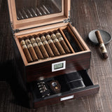 Mantello Handmade Cigar Humidor,Desktop Cigar Box with Humidifier Holds Up to 50 Cigars, Glass Top Cedar Wood with Hygrometer & Divider