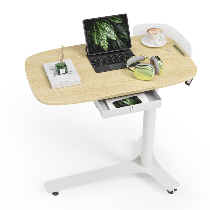 KINGSMITH Height Adjustable Mobile Standing Desk with 360° Swivel Casters, 28"-43" Pneumatic Rolling Desk with Storage Drawer, Perfect for Home Office, Bedroom, Living Room, Oak