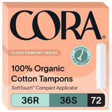 Cora Organic Applicator Tampon Multipack | 36 Regular & 36 Super Absorbency | 100% Organic Cotton, Unscented, BPA-Free Compact Applicator | Leak Protection | Packaging May Vary | 72 Total