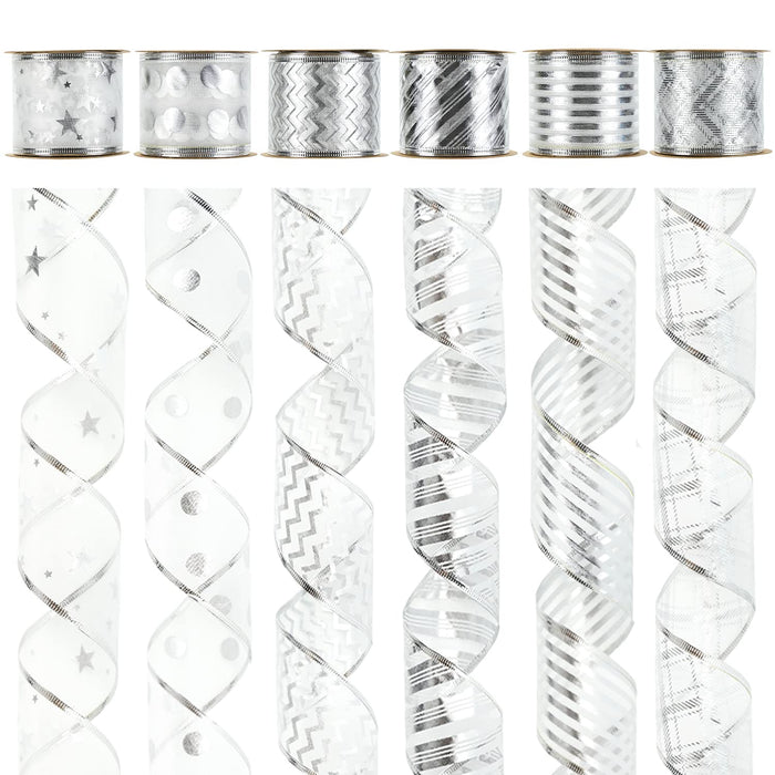 MEEDEE Silver Ribbon for Christmas Tree Silver Wired Ribbon 2.5 Inch 6 Rolls 36 Yards Silver Tree Ribbon Garland Christmas Ribbon Set Ribbon for Christmas Tree Decoration Topper Bow Making