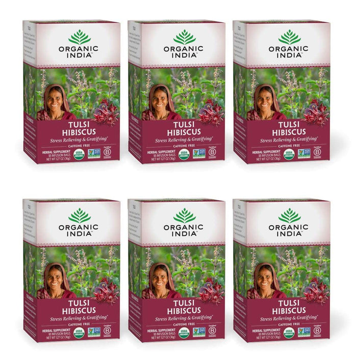 Organic India Tulsi Hibiscus Herbal Tea - Holy Basil, Stress Relieving & Gratifying, Immune Support, Adaptogen, Vegan, USDA Certified Organic, Non-GMO, Caffeine-Free - 18 Infusion Bags, 6 Pack