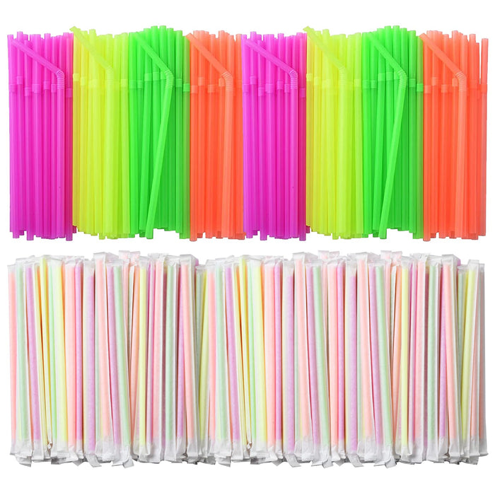 ALINK 1000 Count Neon Flexible Plastic Drinking Straws, Individually Wrapped, Disposable Bendy Straws - 7.75 in x 0.23 in