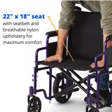 Medline Heavy Duty Transport Chair supports up to 500 lbs., Bariatric Transport Wheelchair, 22" x 18" seat, Blue Frame