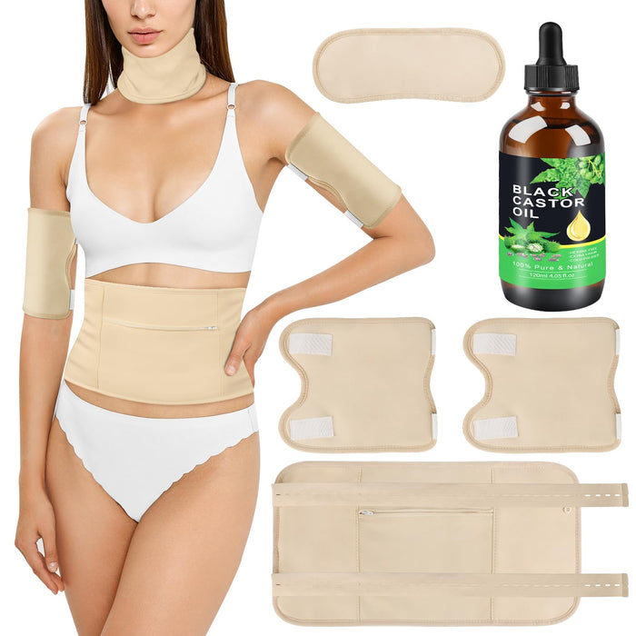 Foileon castor oil set 4+1neck Hand waist abdomen,castor oil Applicable to liver detoxification Insomnia pain,Reusable flannel cotton Adjustable elastic band to prevent oil leakage Contains Castor Oil