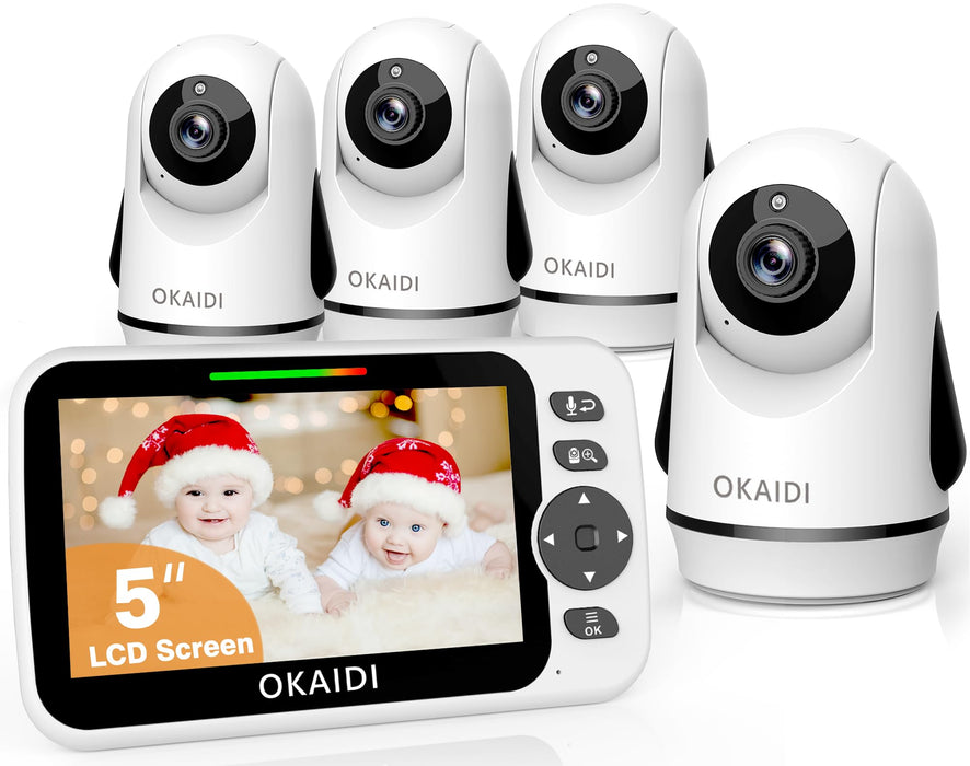 OKAIDI Video Baby Monitor with 4 Cameras, 5" Display Baby Monitor No WiFi, 30H Battery and 1000ft Range, Remote Pan-Tilt-Zoom Baby Camera, 2-Way Talk, 8 Lullabies, Baby Monitor for Baby Pet Elderly