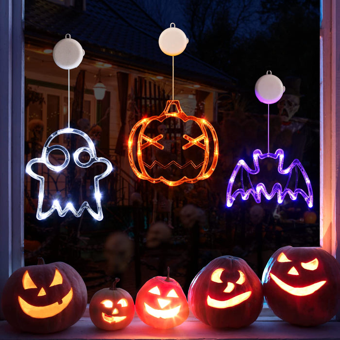 LOLStar Halloween Decorations 3 Pack Orange Pumpkin, White Ghost, Purple Bat Halloween Window Lights with Suction Cup, Battery Operated Halloween Lights, Upgrade Slow Fade Mode and Timer Function