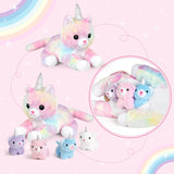 KMUYSL Plush Unicorn Kitty Toys for Girls Ages 3 4 5 6 7 8+ Year - Cat Mommy Stuffed Animal with 4 Baby Kitties in Her Tummy, Animal Stuffed Toys Set, Christmas Valentines Birthday Gifts for Girls