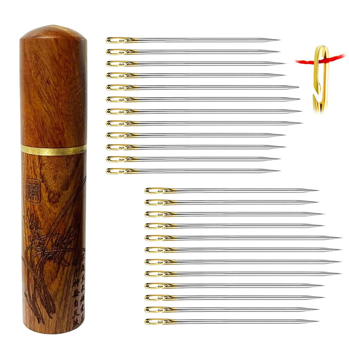 YAWALL Self Threading Needles for Hand Sewing - 24 Pieces Easy Thread Needles for Hand Sewing,Embroidery Side Threading Hand Sewing Needles with Wooden Needle Case Carving Pattern