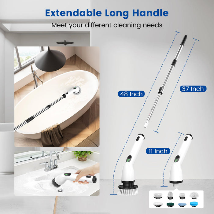 Electric Spin Scrubber, 2024 New Full-Body IPX7 Waterproof Cordless Bathroom Scrubber with 8 Replaceable Heads, Upgraded Extension Handle, Shower Cleaning Brush for Bathtub, Tile, Floor