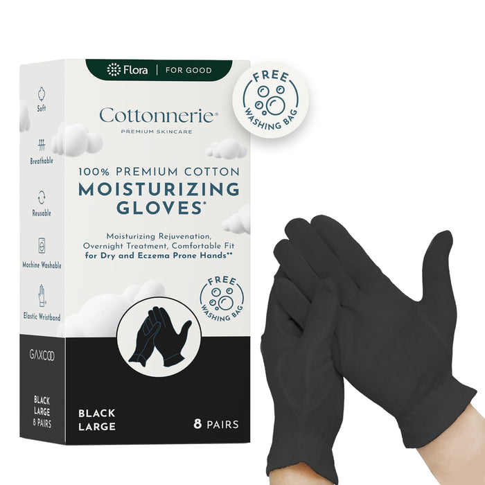 Gaxcoo Cottonnerie Large Black 8 Pairs 100% Premium Cotton Moisturizing Gloves for Dry Hands & Eczema | Overnight Lotion Treatment for Women & Men | Reusable,Free Washing Bag