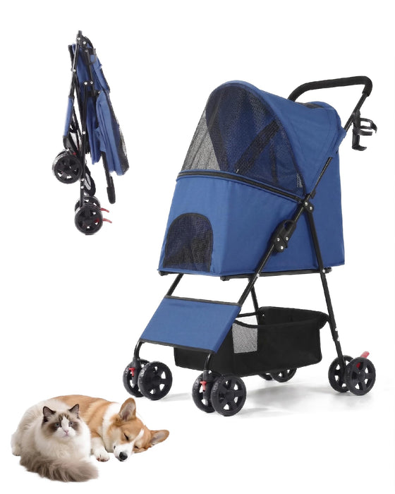 Pet Stroller for Small Medium Dogs Cats - Lightweight 10lbs Foldable Dog Stroller, Breathable Mesh & Safety Tether, 33lbs Capacity with Locking Wheels, Storage Basket for Outdoor Walks-Blue