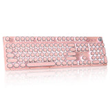 CHICHEN Retro Steampunk Typewriter-Style Gaming Keyboard, Blue Switches,Pure White Backlight, USB Wired, for PC Laptop Desktop, Stylish Pink Mechanical Keyboard Round Keycaps