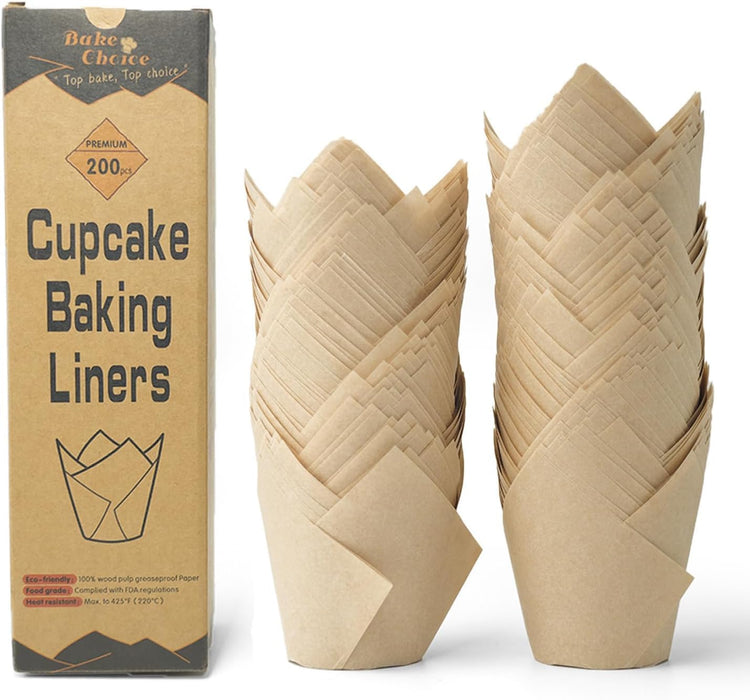 Bake Choice Nordic 75GSM Paper 200pcs Natural Tulip Cupcake Liners for Baking Cups, Unbleached EU Parchment paper Tulip Muffin Liners, Cupcake Wrapper for Party, Christmas