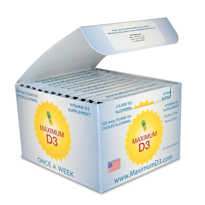 Maximum D3 13,000 IU Box, 60 Capsules Total (12 Cards/Box x 5 Capsules per Card), 60-weeks Supply [Packaging may vary]