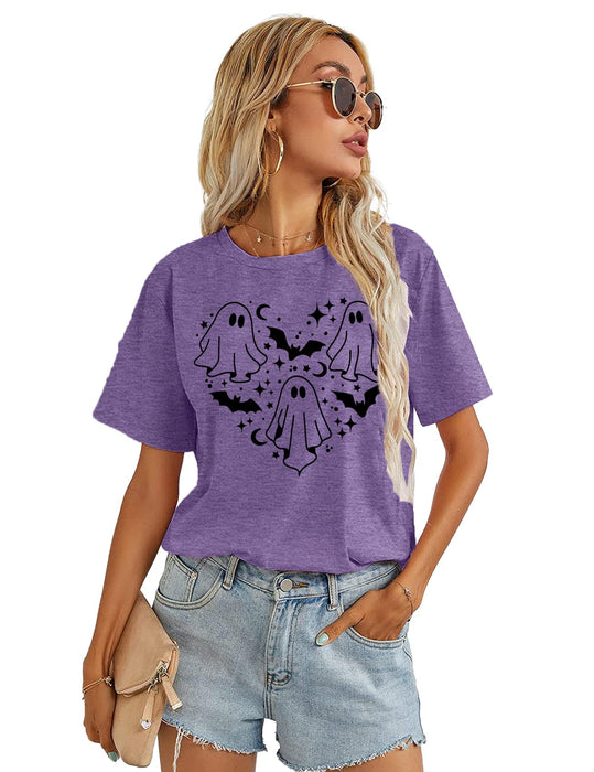 Halloween Shirt Women Spooky Season Shirts Cute Ghost Tshirt Halloween Graphic Tees Fall Short Sleeve Tops(Purple2, Medium)