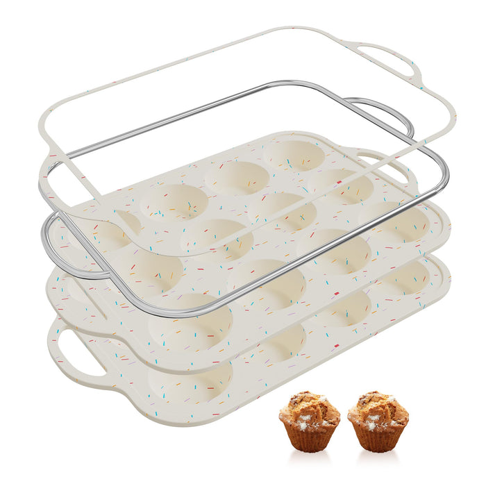 2 Packs 12 Cups Silicone Muffin Pan for Baking with Metal Reinforced Frame Regular Size Cupcake Pan Tray Chocolate Egg Pizza Bites Oven Top Cookie Molds Muffin Tin Tart Pans Sheet Set Bakeware Liner