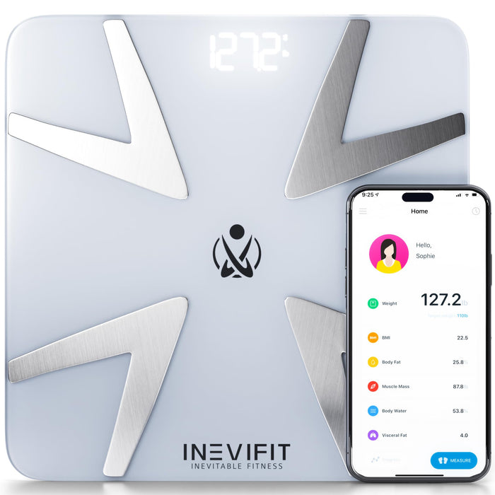 INEVIFIT SMART BODY FAT SCALE, Highly Accurate Bluetooth Digital Bathroom Body Composition Analyzer, Measures Weight, Body Fat, Water, Muscle, BMI, Visceral Fat & Bone Mass for Unlimited Users