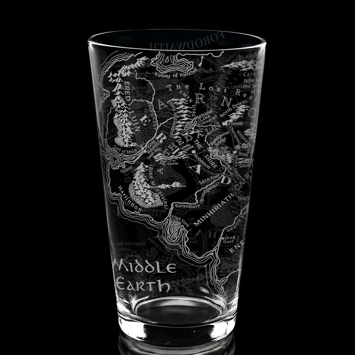 MAP OF MIDDLE EARTH Engraved 16oz Pint Glass | Inspired by Tolkien, Hobbits, & Middle Earth | Great Christmas Gift Idea | Unique Elvish Hobbit Wizard Fantasy Decor!