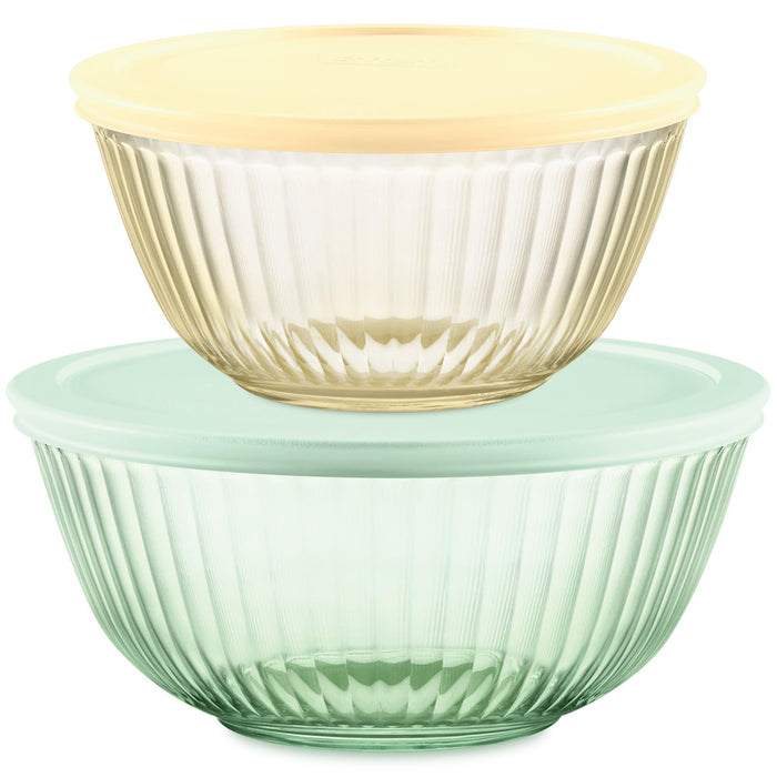 Pyrex Colors Tinted 4-PC, Small/Medium Glass Mixing Bowls With Lids, Nesting Space Saving Set of Bowls For Prepping and Baking, 1.3QT & 2.3QT