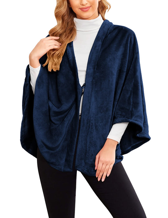 Ekouaer Bed Jackets for Elderly Women Wrap Shawl Winter Cape Cashmere Scarf Fleece Poncho Soft Blanket Plus Size Blue