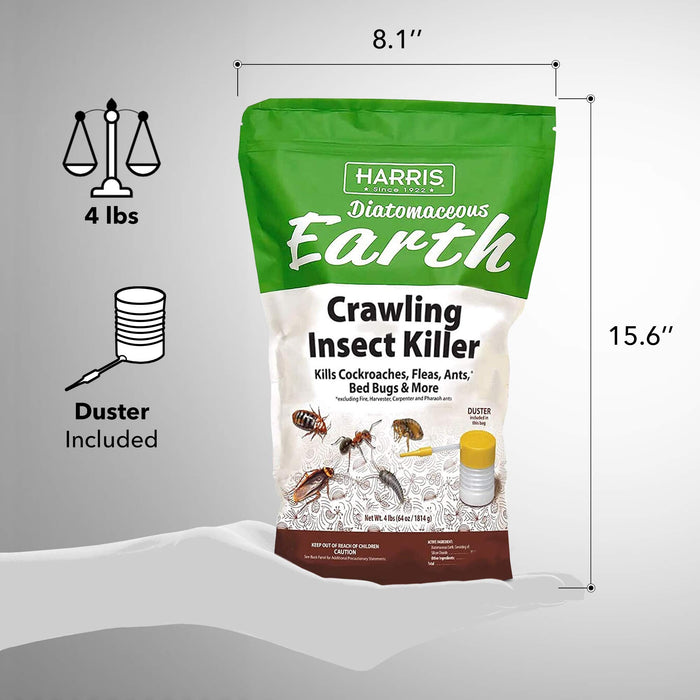 Harris Diatomaceous Earth Crawling Insect Killer, 4lb with Powder Duster Included Inside The Bag