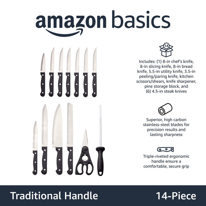 Amazon Basics 14-Piece High Carbon Stainless Steel Kitchen Knife Set with Sharpener and Pinewood Block, Black