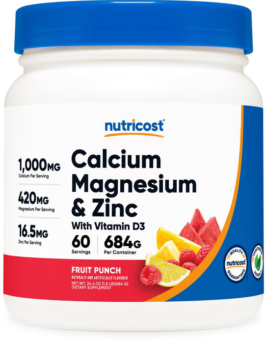 Nutricost Calcium Magnesium Zinc with Vitamin D3 Powder, 60 Servings (Fruit Punch) - Calcium (1000 MG) Magnesium (420 MG) Zinc (16.5 MG) Vitamin D3 (30 MCG) - Gluten Free, Non-GMO