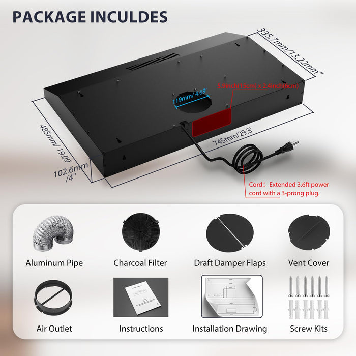 Gveyajo 30 Inch Ultra Slim Under Cabinet Range Hood, 300 CFM Ducted/Ductless Kitchen Vent Hood, Plug-In Exhaust Fan with 3-Speed, LED Lights, Charcoal Filter, Easy Install, Quiet Operation