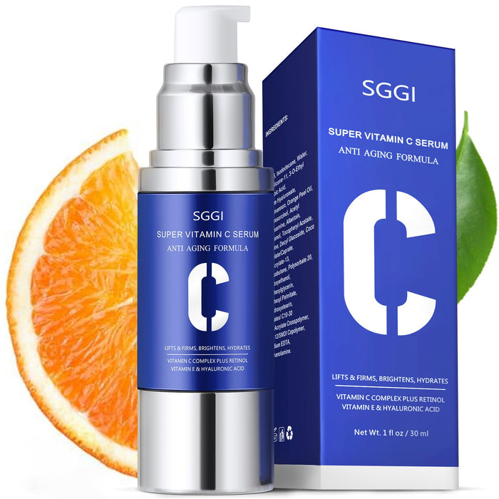 Super Vitamin C Face Serum: SGGI Facial Serum for Women Over 40 with Hyaluronic Acid - Hydrating Lifting Smooth Skin 1 fl oz