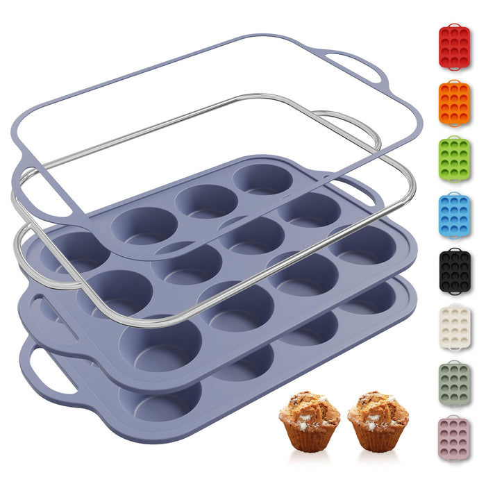 2 Packs 12 Cups Silicone Muffin Pan with Metal Reinforced Frame Regular Size Cupcake Pan Tray Egg Bites Silicone Circle Cookie Molds Muffin Tin Tart Pans Baking Sheet Set for Breakfast Sandwiches