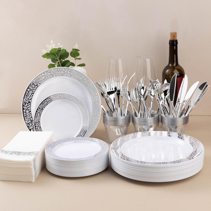 Bestluck 175PCS Silver Plastic Dinnerware Set for 25 Guests, Disposable Lace Plates for Party, Includes: 25 Dinner Plates, 25 Dessert Plates, 25 Silver Silverware Set, 25 Cups, 25 Napkins