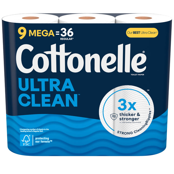 Cottonelle Ultra Clean Toilet Paper, 9 Mega Rolls (9 Mega Rolls = 36 Regular Rolls), 284 Sheets Per Roll, Packaging May Vary