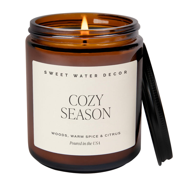Sweet Water Decor Cozy Season Fall & Winter Candle, 9oz Amber Jar Black Lid