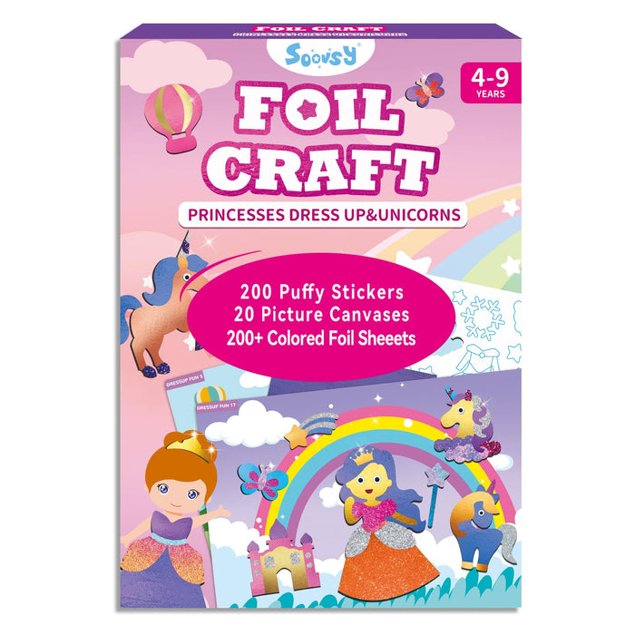 SOOVSY 200 Sheets Princesses & Unicorns Foil Art Fun Kit for Kids, Foil Art for Kids Art Craft DIY Creative Activity Birthday Christmas Gift Travel Toys for 4 5 6 7 8 9 Years Old Kids Girls Boys