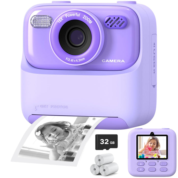 Upgrade Kids Camera Instant Print for Boys and Girls, 1080P HD Dual-Lens Selfie Digital Camera with Print Paper & 32G Card, Christmas Birthday Gifts Toys for Toddler and Teenagers Age 3-16 Years Old