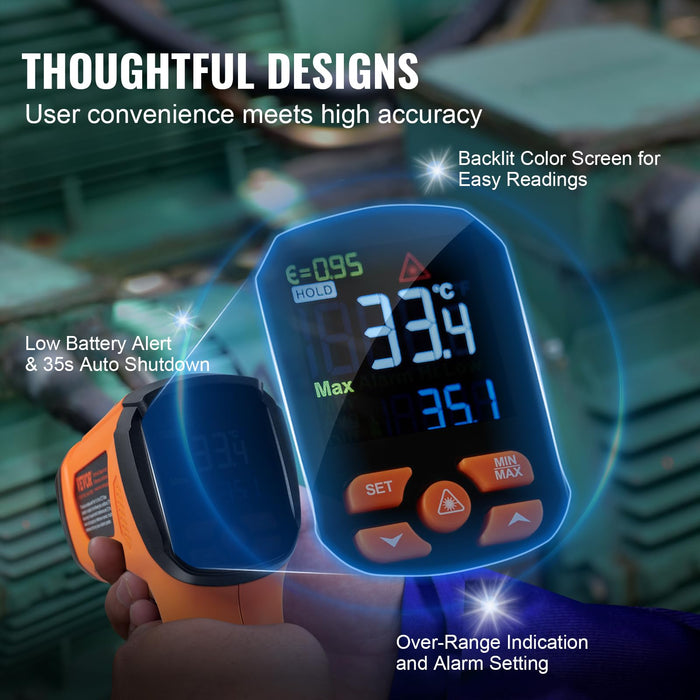 VEVOR Infrared Thermometer, -40°F~2732°F Dual Laser Temperature Gun Non-Contact, Handheld IR Heat Temperature Gun & Adjustable Emissivity for Metal Smelting/Cooking/Pizza Oven/Engine (Not for Human)