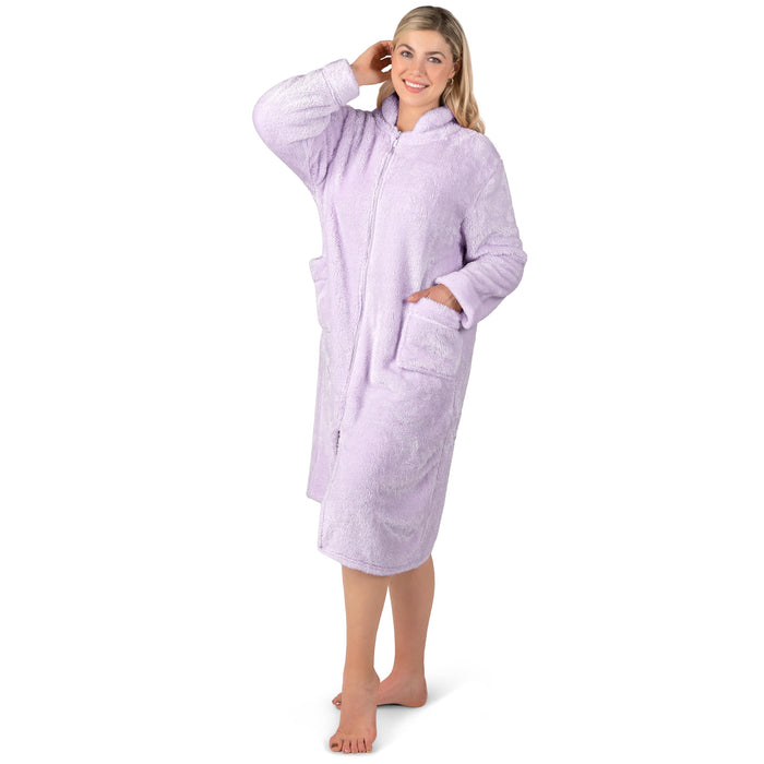 PAVILIA Womens Housecoat Zip Robe, Sherpa Zip Up Front Robe Bathrobe, Fuzzy Warm Zipper House Coat Lounger for Women Elderly with Pockets, Fluffy Fleece Long Plus Size, Lavender Purple (2X/3X)