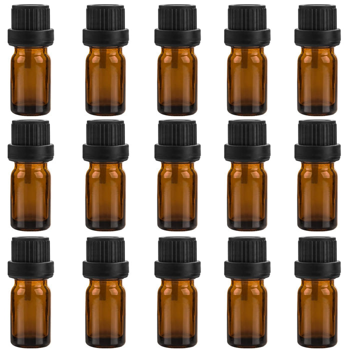 BOSMIOW 15Pcs 5ml Amber Glass Essential Oil Bottle with Orifice Reducer and Black Screw Cap,Empty Refillable Travel Sample Glass Container,Aromatherapy Storage Vials,DIY Supplies Tool Accessories